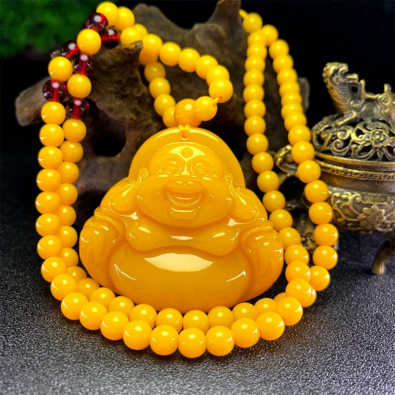深黄色弥勒小佛公头吊坠DM266黄色雕刻毛衣链佛珠项链念珠手持