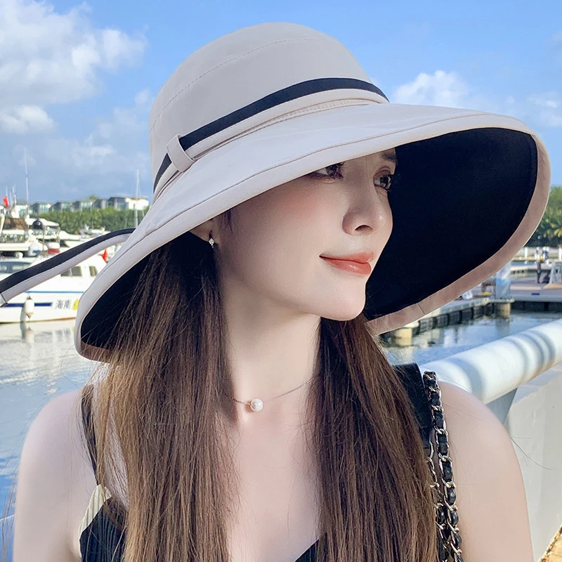 双面渔夫帽夏季新帽子女海边度假大檐防晒遮阳帽双面戴防风大沿