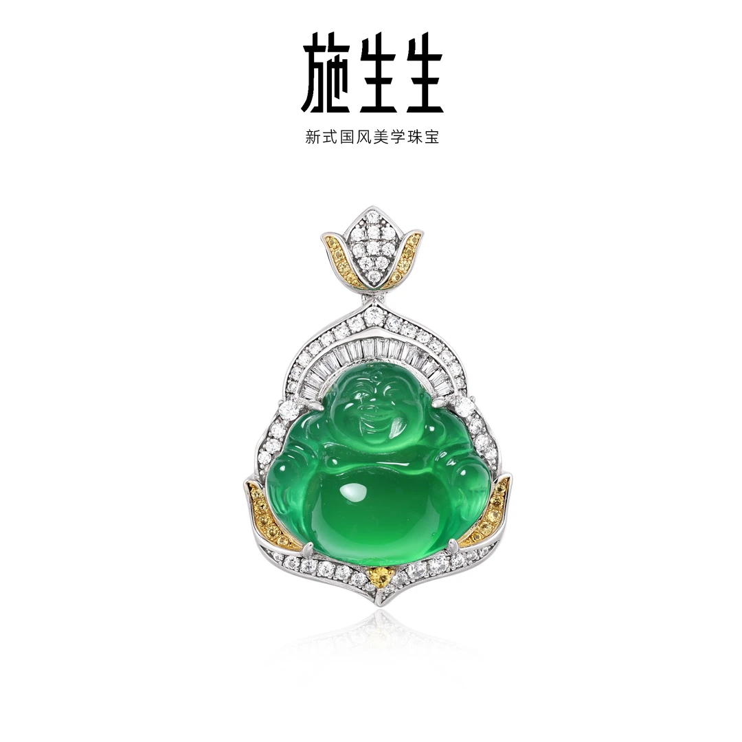 【Sze SangSang珠宝】天然S925银双色豪镶绿玉髓佛公项链QDD0001