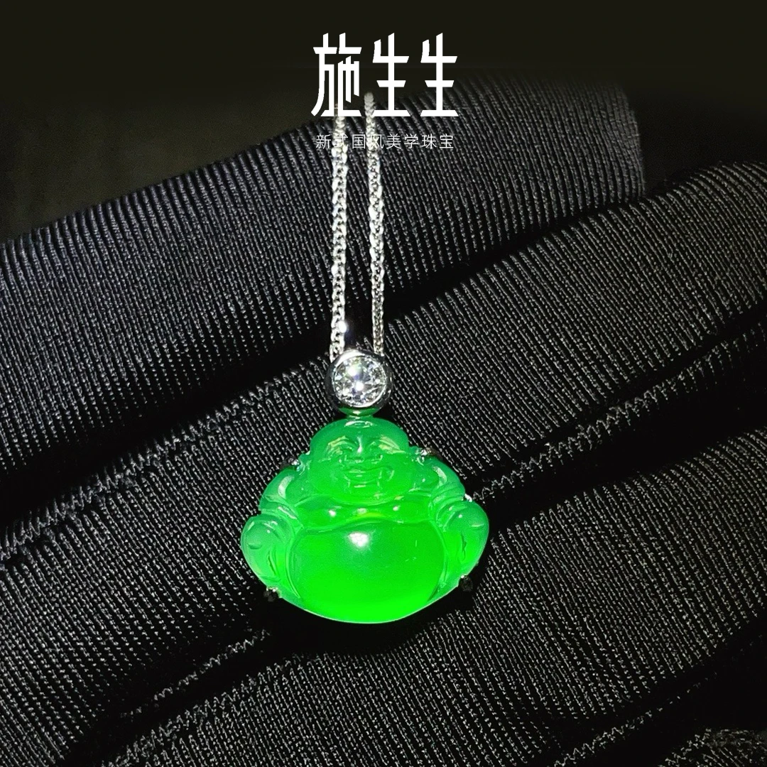 【Sze SangSang珠宝】天然S925银豪镶绿玉髓mini小佛公项链