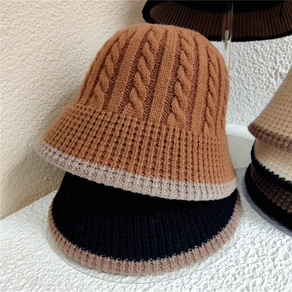 百搭日系圆脸水桶渔夫帽子新款时尚毛线格纹盆帽针织帽子女秋冬潮