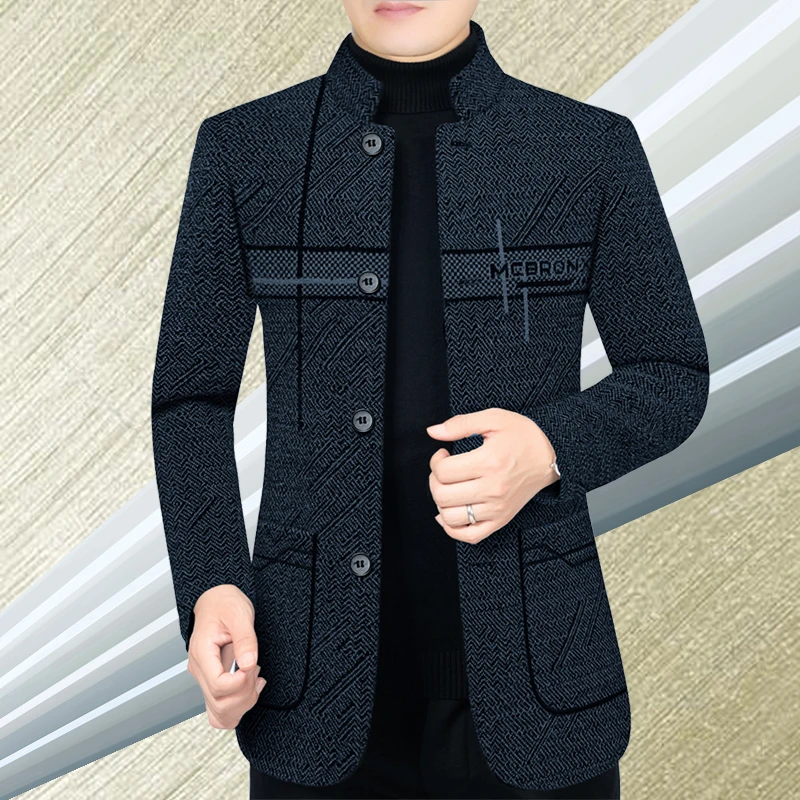 雪尼尔男装秋季加厚毛呢外套中长款商务休闲中年人夹克衫纯色宽松