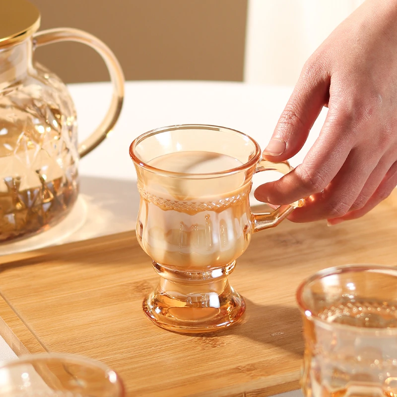 媚家网红轻奢款欧式宫廷复古风玻璃杯家用创意琥珀色茶杯咖啡杯