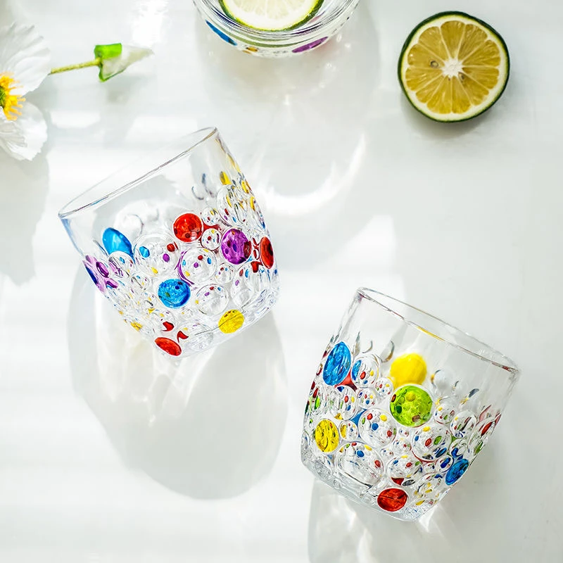 两只装手绘珠点轻奢款玻璃杯家用ins风大容量圆肚网红杯