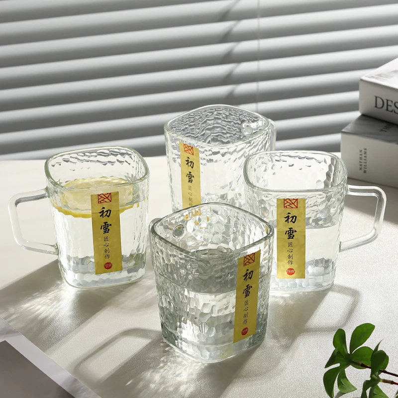 四只装网红ins初雪锤纹玻璃水杯家用简约透明把手杯咖啡杯饮料杯