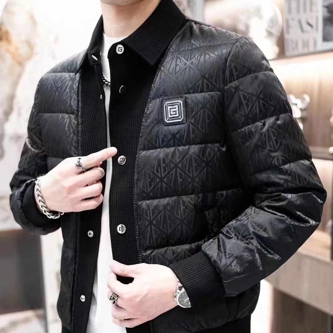 冬季潮流时尚爆款短款修身百搭保暖90/100白鸭绒毛线方领男士欧货