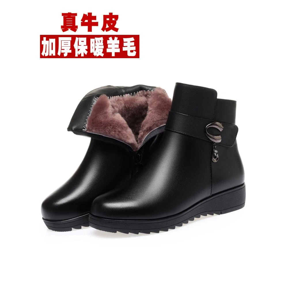 真皮妈妈棉鞋女冬加绒靴子女士短靴软底防滑羊毛皮鞋中老年女鞋子