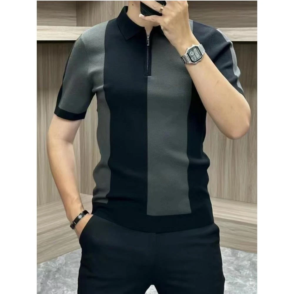 修身polo短袖半袖衫2024夏季新款百搭轻奢翻领韩版条纹舒适打底衫