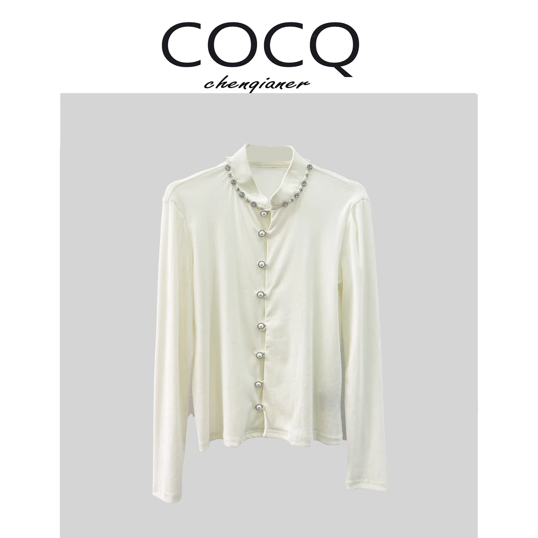 【COCQ】重工手工钉珠丝绒衬衫轻奢设计感秋季百搭