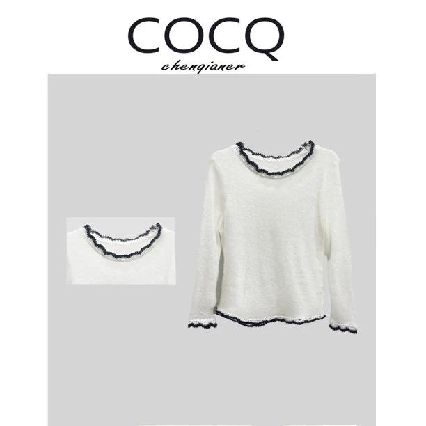 【COCQ】镂空花边拼接设计针织上衣