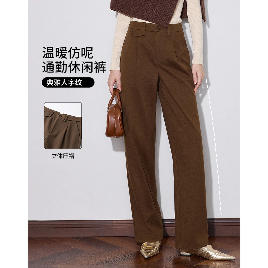 【重百粉丝专属 】初语保暖休闲裤女复古优雅挺括直筒裤8447003
