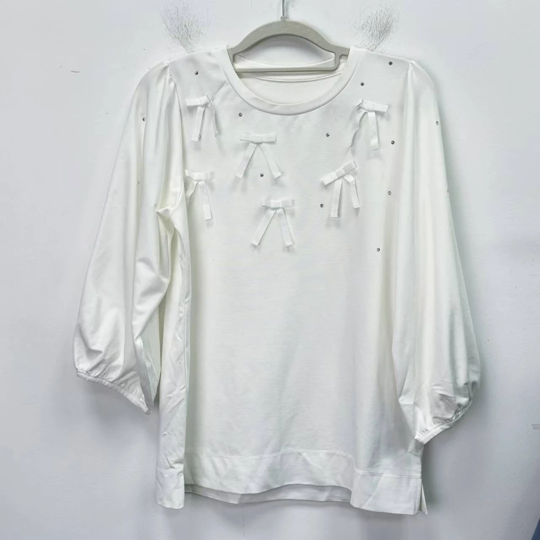 C2 蝴蝶结珍珠款九分袖上衣