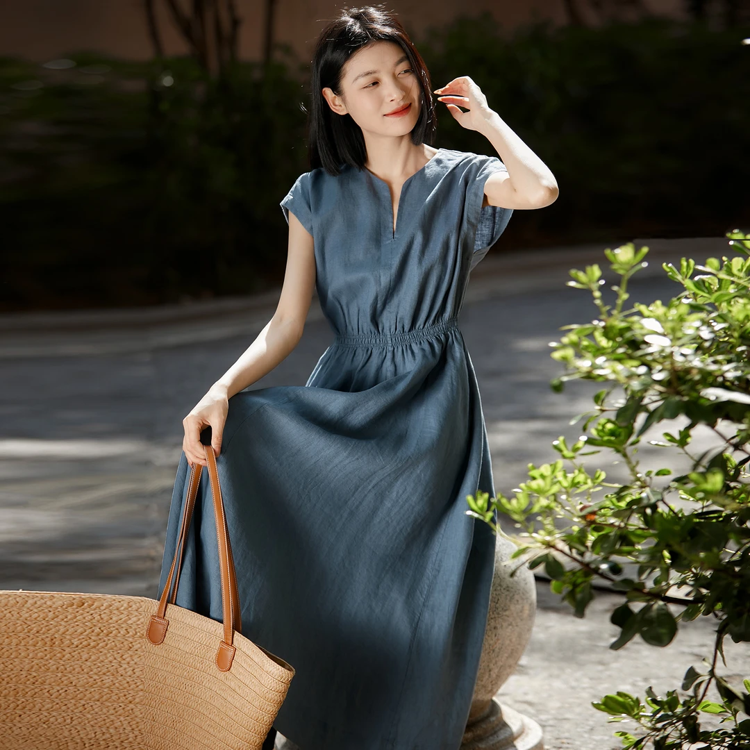 清凉一夏至简亚麻连衣裙凉感收腰显瘦棉麻连衣裙女夏宽松过膝长裙