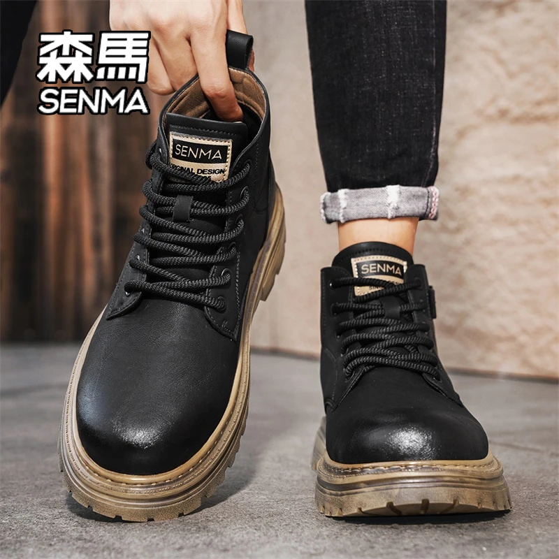 SENMA/森马马丁靴男英伦风中帮增高秋季工装切尔西靴黑色高帮皮鞋