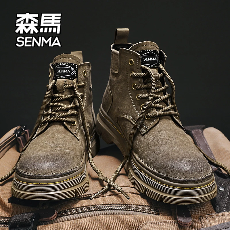 SENMA/森马丁靴男款秋冬加绒高帮英伦风大黄靴男士休闲复古工装靴