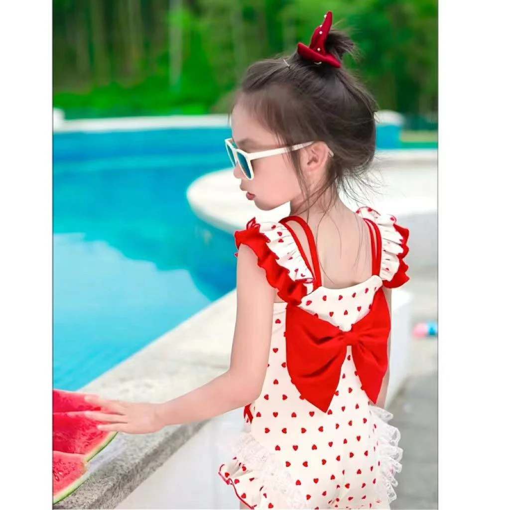女童连体泳衣2025新款夏季儿童洋气小桃心蝴蝶结速干游泳衣泳装