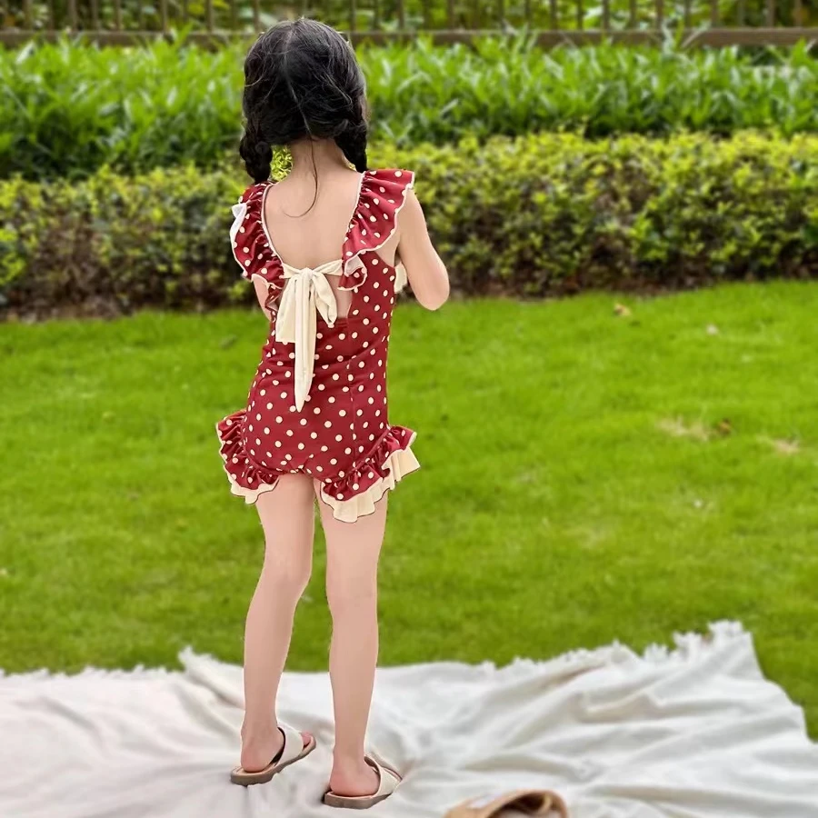 女童泳衣夏季2025新款儿童波点连体泳装宝宝洋气女孩公主速干泳衣