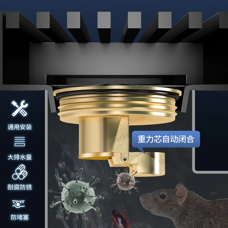 重力翻板铜地漏芯螺纹旋转安装硅胶密封安装4.2口径直排防臭芯
