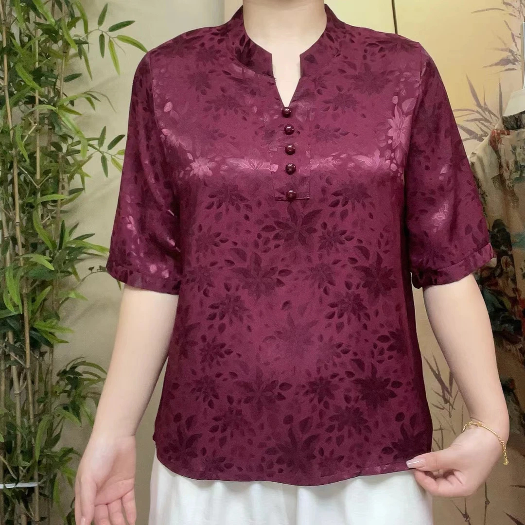 夏季新款紫红色海棠花显瘦气质百搭妈妈装小衫