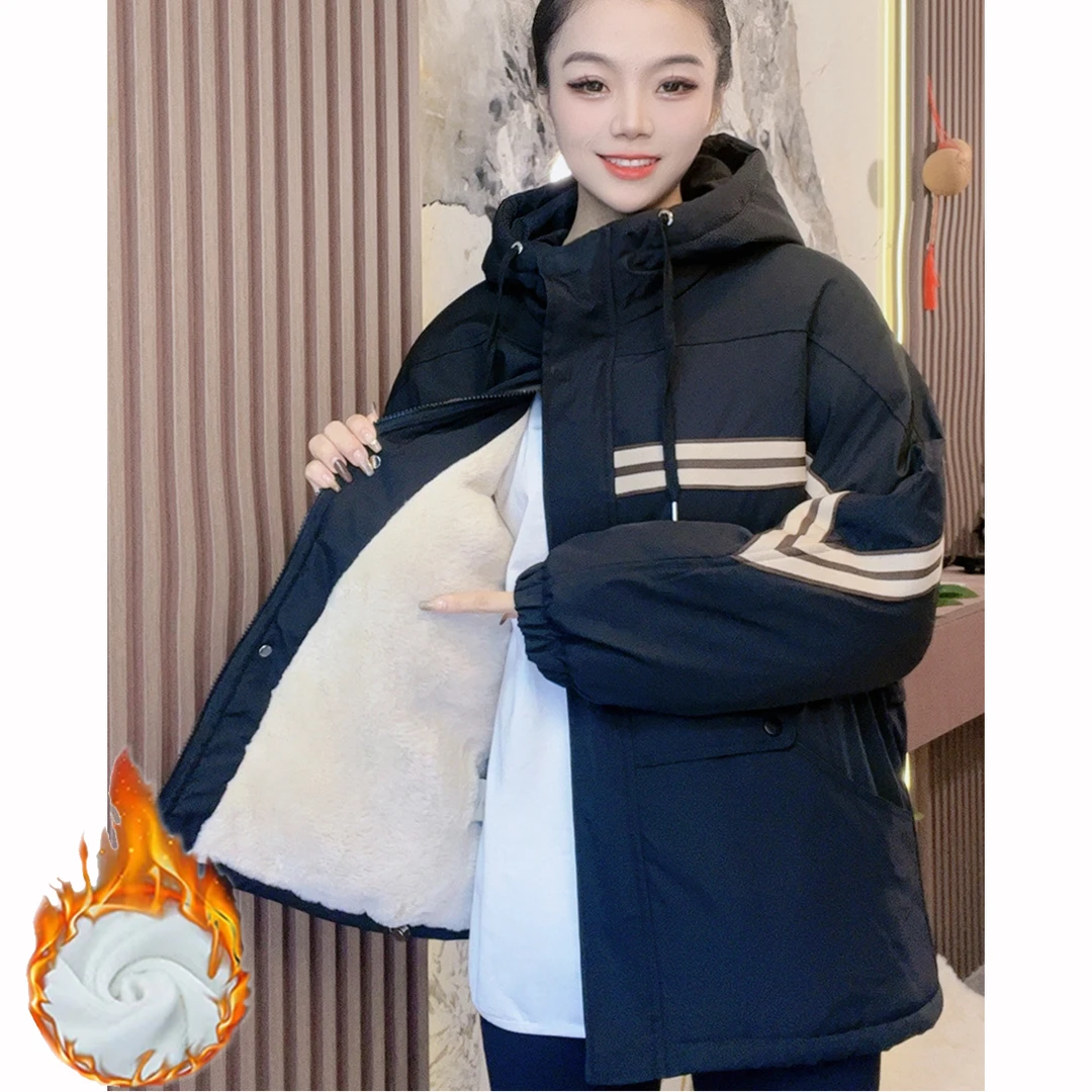 JING【加绒加棉】2024冬季新款连帽户外冲锋衣休闲宽松撞色百搭夹克