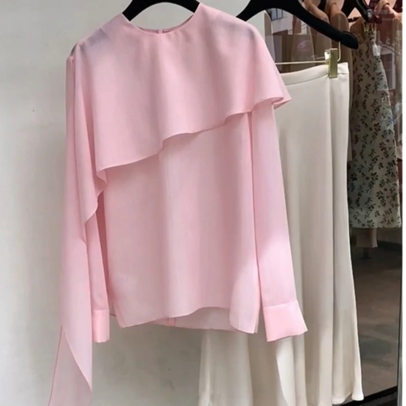 法式小香风绝美设计感小众小衫气质温柔风粉色飘带雪纺衬衫女秋季