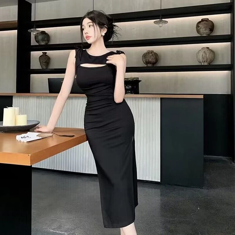 夏季气质性感修身无袖长裙御姐显瘦收腰双开叉包臀连衣裙