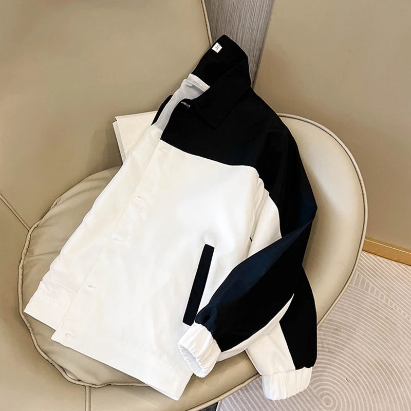 翻领外套男潮牌港风春秋薄款帅气外穿百搭潮流拼色宽松夹克上衣