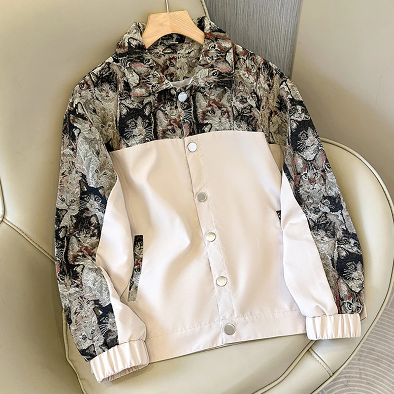 日系原宿风卡通小猫拼接vibe外套男女秋季小个子趣味夹克棒球服潮