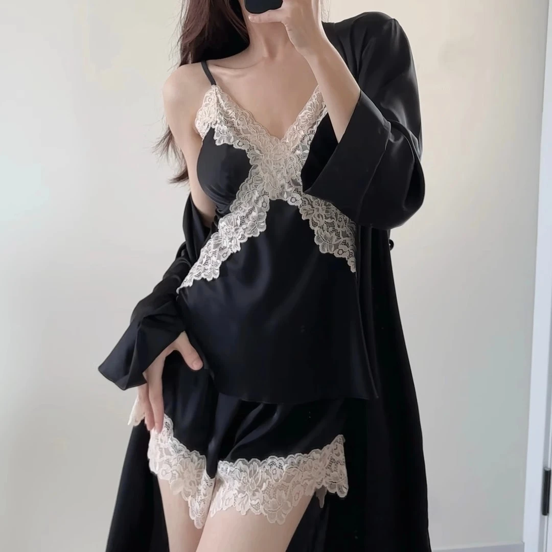 爆款睡衣女款夏季蕾丝新款性感冰丝睡衣带胸垫短裤睡衣家居服套装