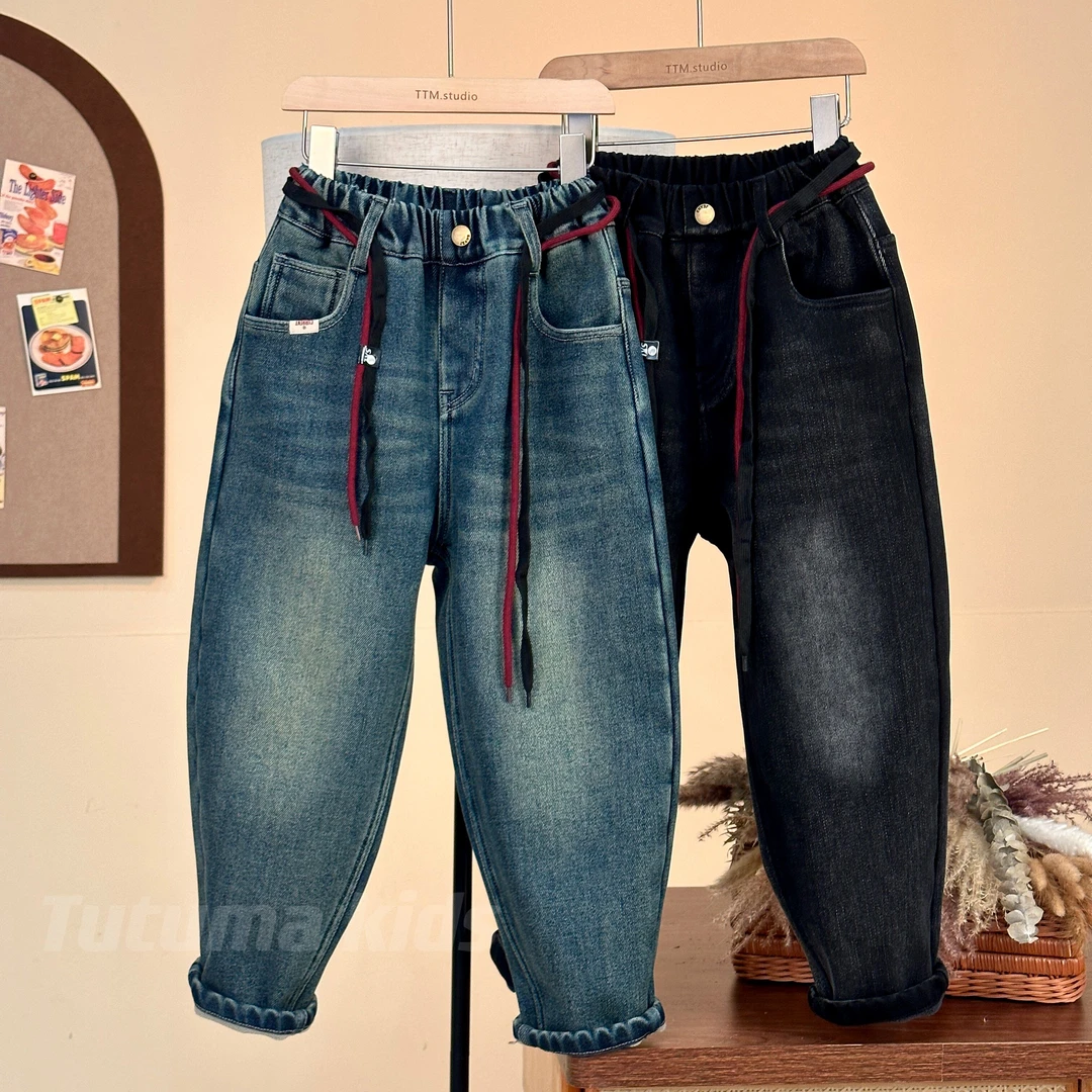KZ202429男女童加绒复古蓝牛仔裤冬季老爹裤中大童宽松裤子