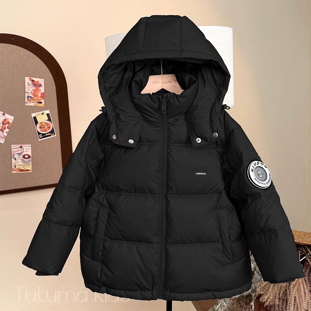 【90白鸭绒】男女童冬季五防免洗90白鸭绒羽绒服黑色连帽防寒外套