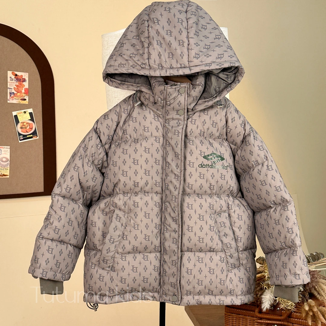 【现货 】男女童大牌轻奢羽绒服字母印花连帽外套宽松保暖短款