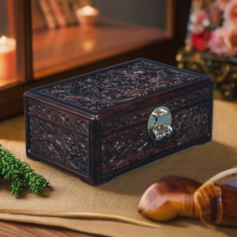 老挝红酸枝龙凤呈祥大号33【面独板】满雕工珠宝箱文玩箱嫁装箱