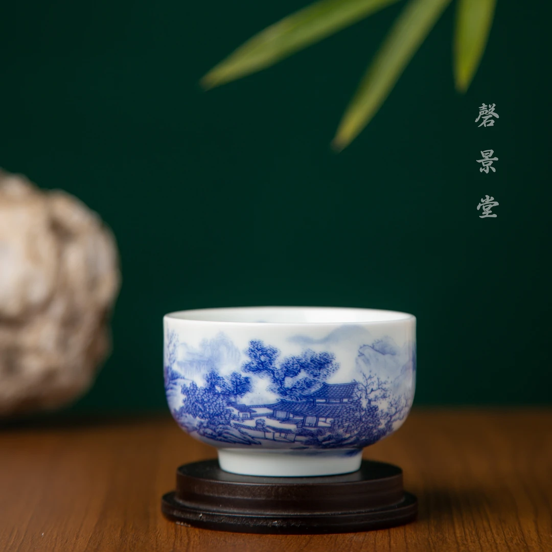 景德镇青花山水高白泥仿古釉陶瓷品茗杯内绘满工远山近景禅定杯