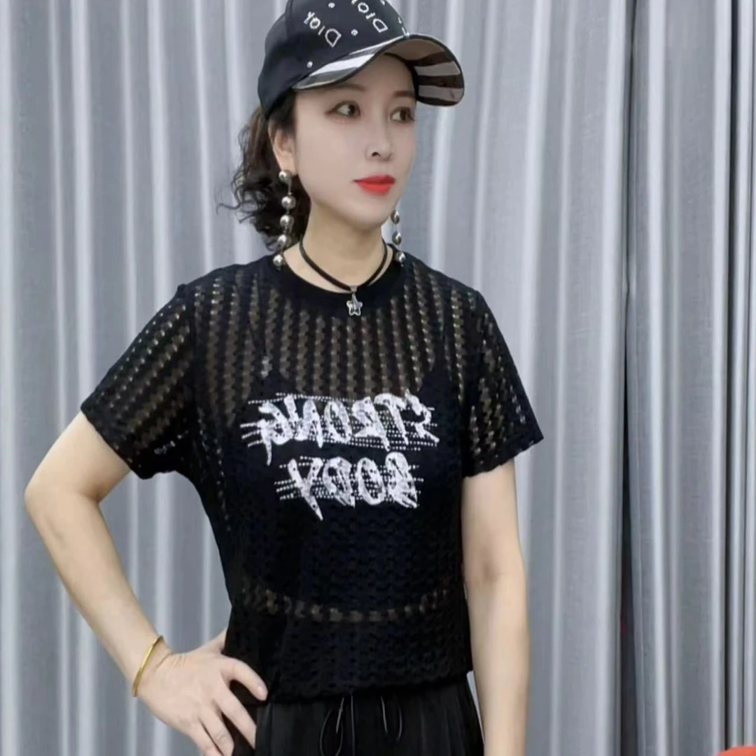 【懂你吴姐】637俏玲玲网纱英文字上衣