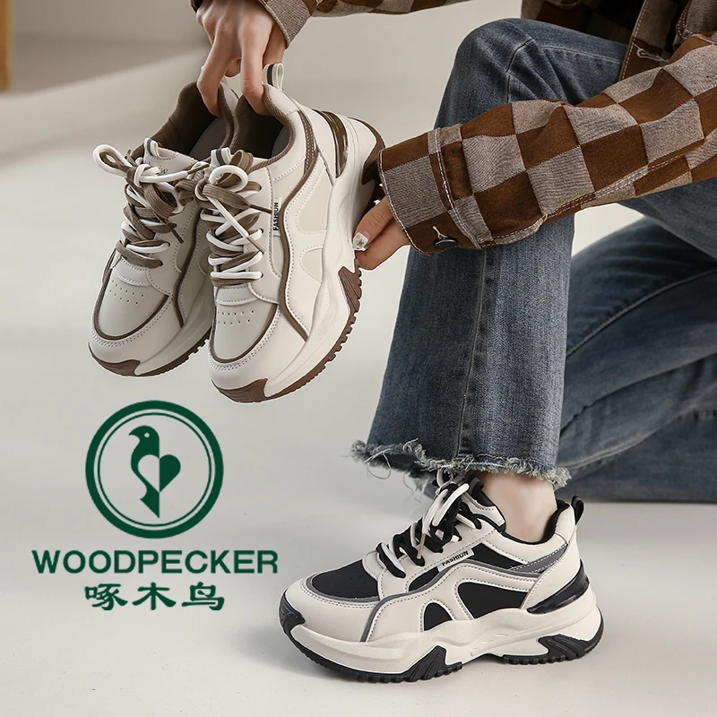 啄木鸟老爹鞋女鞋2024春秋新款时尚厚底休闲鞋冬季百搭加绒运动鞋