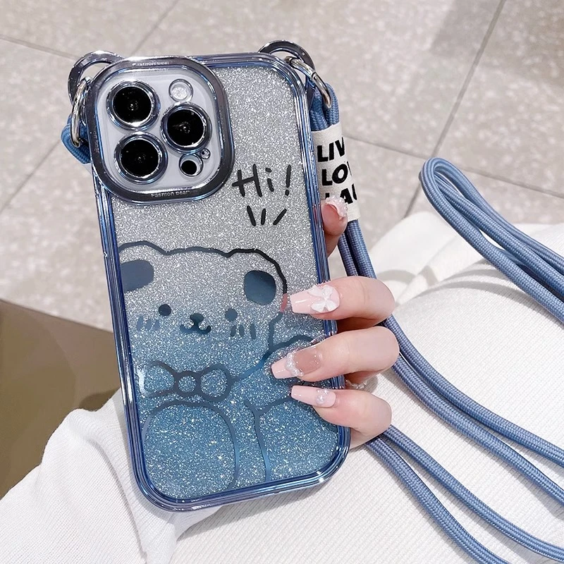 斜挎背带挂绳适用苹果16ProMax手机壳渐变闪粉iPhone14Pro全包防