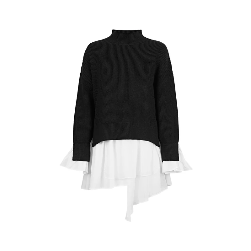 sdeer圣迪奥女装时尚百搭高领套头荷叶边拼接两件针织衫S22183507