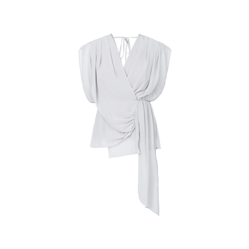 圣迪奥夏季女装时尚休闲显瘦V领系带不规则拼接无袖衬衫S223Z0604