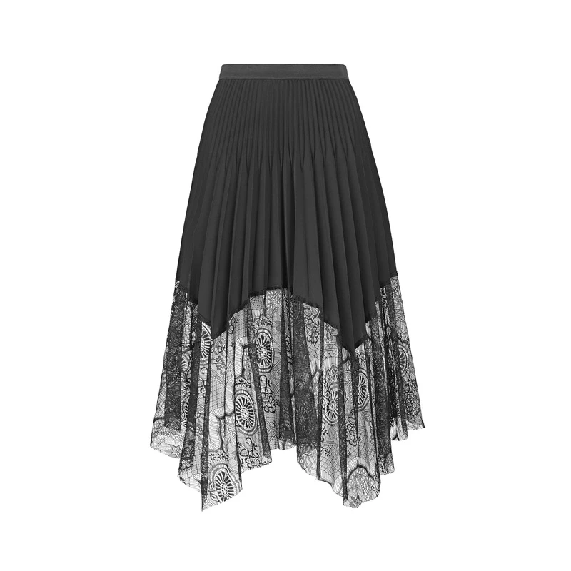 S·DEER圣迪奥女装时尚松紧风琴褶蕾丝拼接不规则A字长裙S22281132