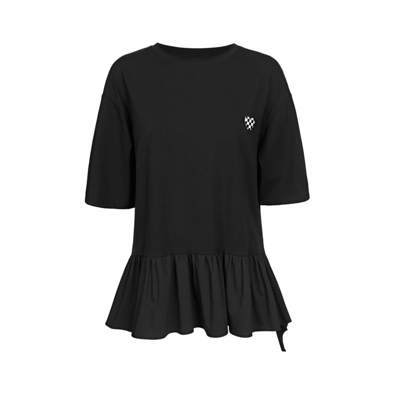 圣迪奥女装春夏时尚休闲黑色圆领格纹胸针拼接短袖T恤S23260110