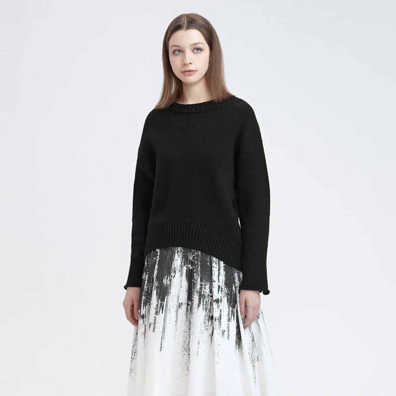 sdeer圣迪奥女装时尚休闲百搭罗纹圆领落肩袖宽松针织衫S21463535