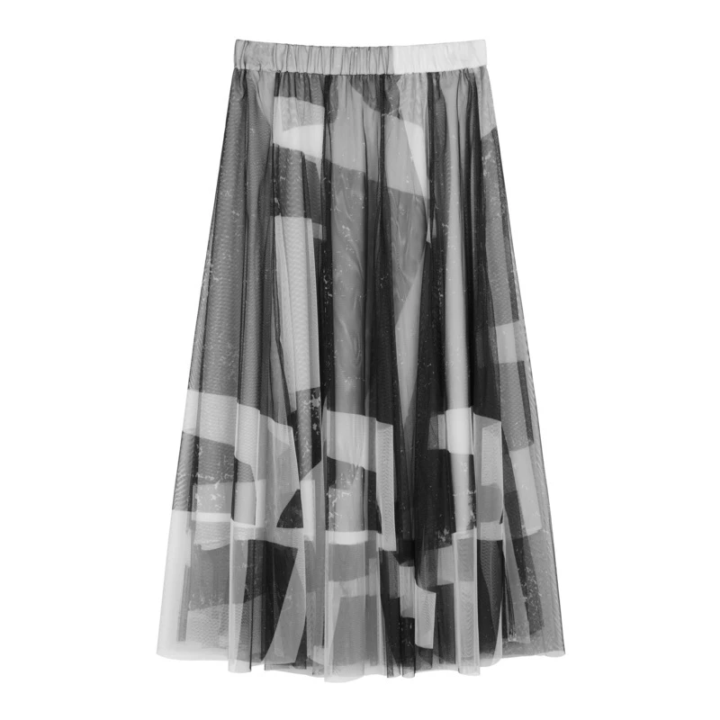 sdeer圣迪奥女装时尚休闲百搭松紧撞色印花网纱拼接长裙S21261113