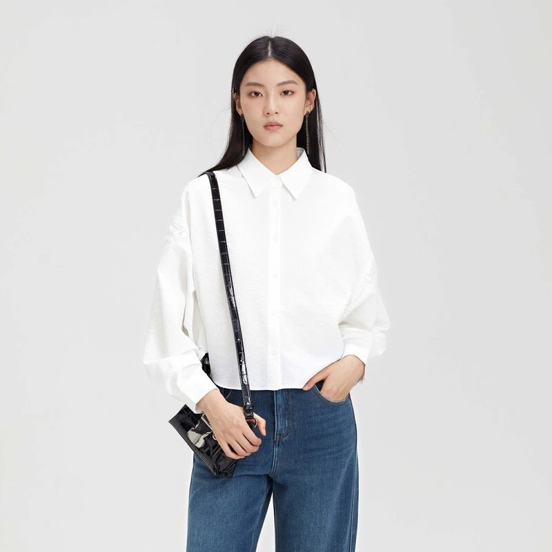 S·DEER圣迪奥1女装肌理雪纺花边上衣显瘦气质泡泡袖衬衫S231Z0537