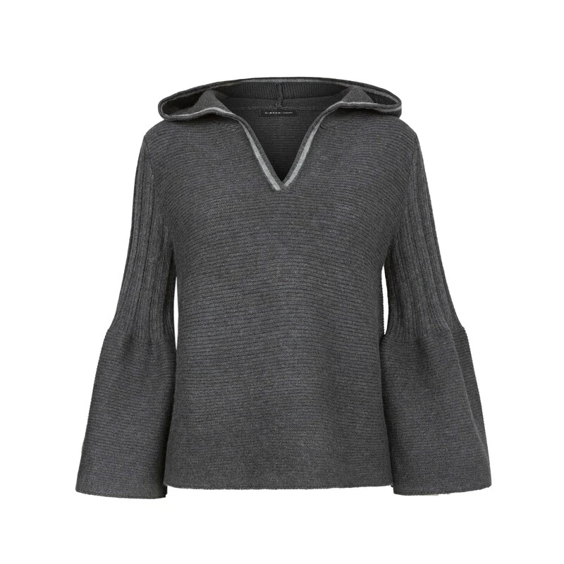 sdeer圣迪奥女装时尚气质V领连帽撞色宽松喇叭袖针织衫S24183502