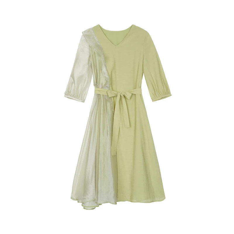 S·DEER圣迪奥女装V领网纱拼接收腰中袖时尚气质连衣裙S223Z124R