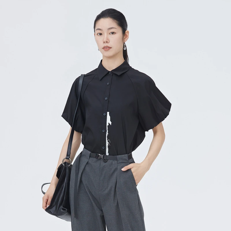 圣迪奥sdeer女装夏款简约个性时尚撞色印花插肩袖衬衫S22280414
