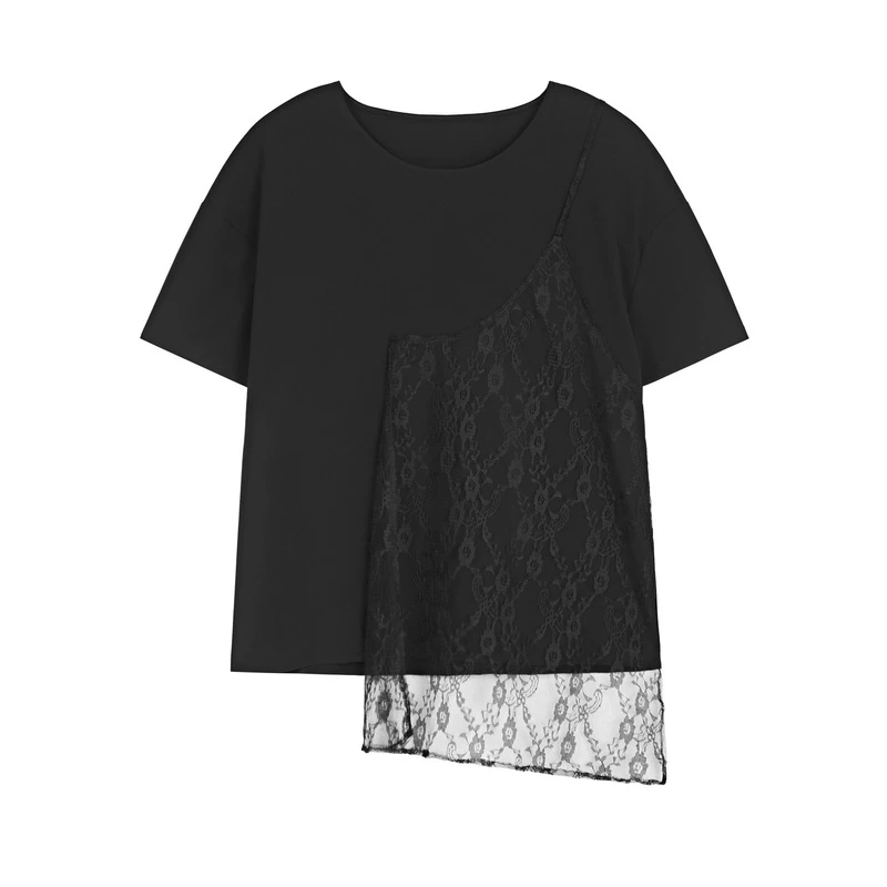 圣迪奥夏季女装时尚休闲百搭圆领蕾丝拼接不规则短袖T恤S21260151
