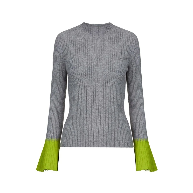 sdeer圣迪奥女装时尚复古修身圆领撞色拼接喇叭袖针织衫S23463512