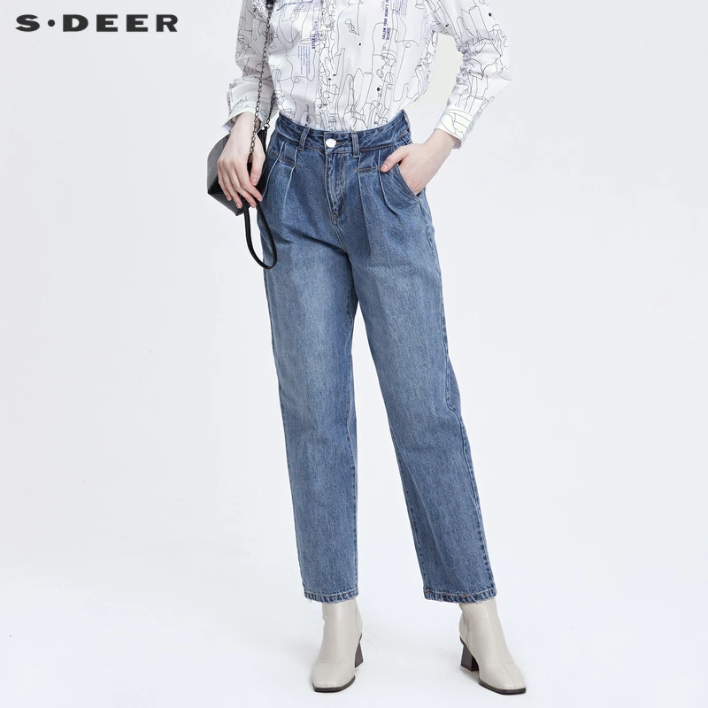 S·DEER圣迪奥女装时尚高腰压褶插袋水洗牛仔直筒长裤S22180819